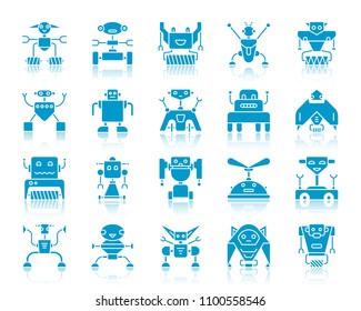 Robot silhouette icons set. Web sign kit of toy. Character monochrome pictogram collection includes transformer, cyborg, machine. Simple robot symbol with reflection. Vector Icon shape isolated
