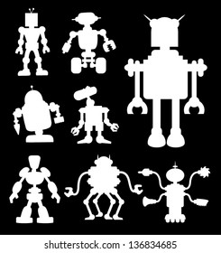 Robot Silhouettes 2. Black and white variant robot silhouette vectors. Good use for symbol, logo, mascot, wallpaper, or any design you want. Easy to change color.