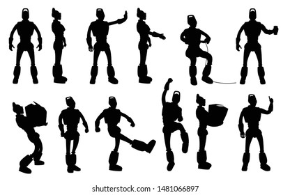 robot silhouettes set in different poses on white background