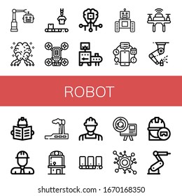 robot simple icons set. Contains such icons as Robot, AI, Conveyor, Drone, Artificial intelligence, Automation, Machinery, Engineer, Industry, can be used for web, mobile and logo