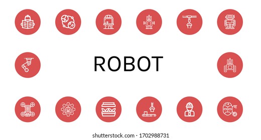 conjunto de iconos simples del robot. Contiene iconos tales como Ingeniero, Astronomía, Máquina de Cuchilla, Robot, Conveyor, Robótica, Drone, Luz Artificial, Turing, puede ser usado para la web, móvil y logotipo