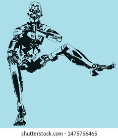 The robot sits on the object and calls for silence with his finger to his lips 3d render. Real, serious, not cartoon