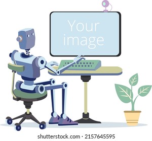 The robot sits on an office chair at a working computer with a large monitor to place your image or text. A webcam for remote communication is fixed on the monitor. Flat vector illustration.