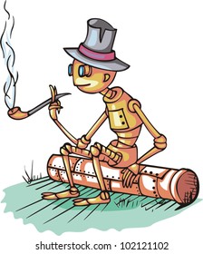 Robot sits on pipe and smokes. Cartoon. Color vactor illustration