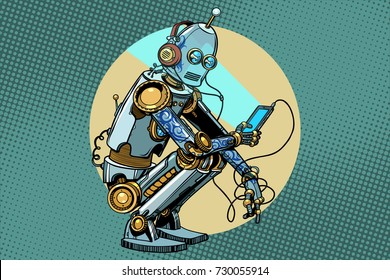 The robot sits and reads smartphone. New technologies, progress. Pop art retro vector vintage illustrations