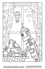The robot sits at the table and holds a cup in his hands. You can see a balloon flying outside the window. Black and white vector illustration for coloring book.