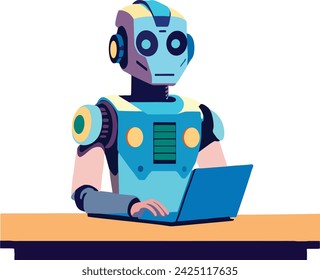 Robot sitting behind desk with a computer