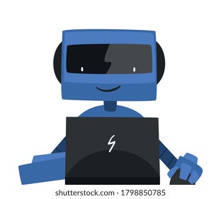 Robot Sitting in front of Computer, Friendly Android Working with Laptop, Artificial Intelligence Concept Vector Illustration