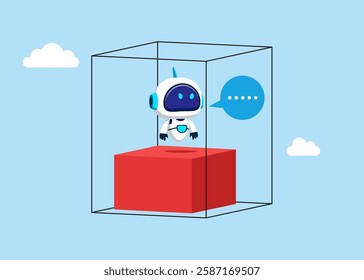 Robot sitting inside the box, presenting to introvert technology. Set privacy zone, personal barrier to focus or work boundary, space to be with yourself. Flat vector illustration.