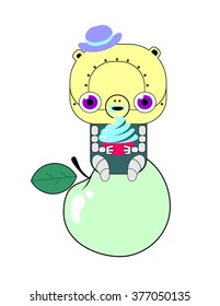 Robot is sitting on an apple and eating ice cream. Vector illustration.
