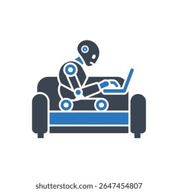 Robot sitting on couch working on laptop icon