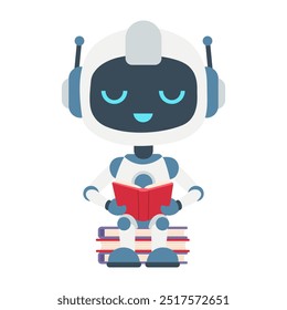 Un robot está sentado en una pila de libros y lectura. El robot tiene una expresión feliz en su cara