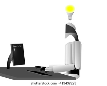 robot is sitting at the table and he had an idea