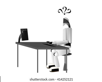 robot is sitting at the table and prints on the computer, future is now