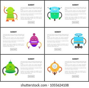 Robot six vector icons isolated on white backdrop, illustration with round and rectangular robots, cyborgs on legs and wheels, flying machines set