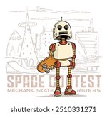 Robot skateboarder illustration. Old style art for t-shirt prints, posters, etc. Editable design.