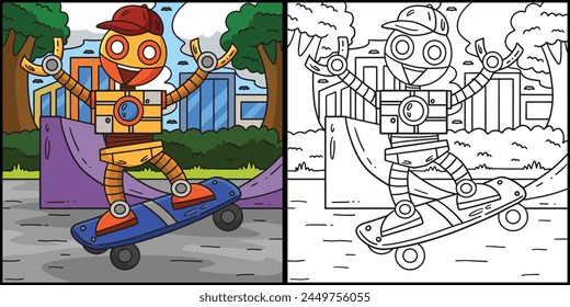 Robot Skateboarding Coloring Page Illustration