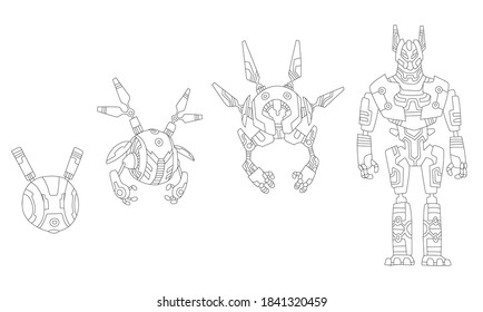 Robot sketchs. Line drawing evolution of robots concept. Vector isometric robots from simple single-task machine to modern service robotics. Artificial intelligence, alien machine