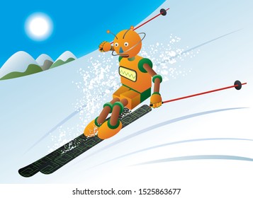 Robot skier skiing downhill during sunny day in high mountains.