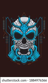 Geometría sagrada azul del cráneo robot. Perfecto para el diseño de camisetas, pegatinas, mercadería, etc.