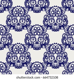 Robot skull with gears seamless pattern, vector illustration