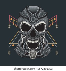 Robot skull head with geometric background