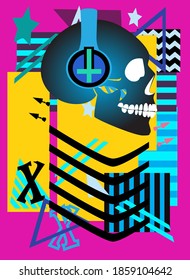 Robot skull with headphones and inverted cross, abstract background vector