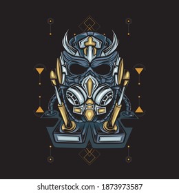 
Robot skull illustration with sacred geometric pattern as a background for any digital item or clothing