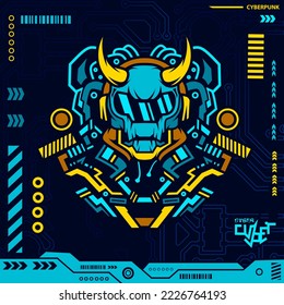 Robot skull in neon cyberpunk blue design with dark background. Abstract technology vector illustration.