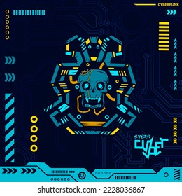 Robot skull in neon cyberpunk blue design with dark background. Abstract technology vector illustration.