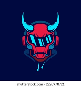 Robot skull in neon cyberpunk blue design with dark background. Abstract technology vector illustration.