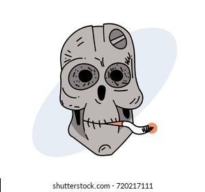 Robot skull smoking cigarette, hand drawn cartoon image. Freehand artistic illustration.