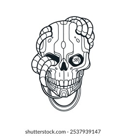 Robot skull with wires and cables. Vintage sci-fi style cyborg skeleton, head bone. Ink drawing, retro tatoo design. Hand-drawn engraved etched vector illustration isolated on white background