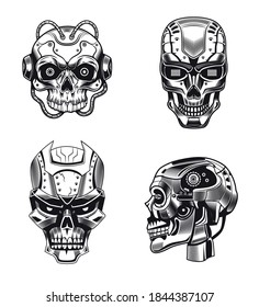 Robot skulls vector illustrations set. Collection of monochrome humanoid heads with aggressive faces. Robotics or artificial intelligence concept for emblems or badges templates