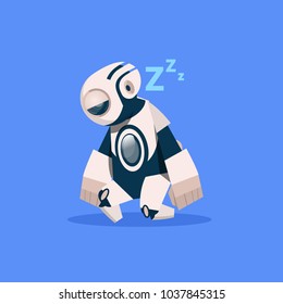 Robot Sleeping Cyborg Isolated On Blue Background Concept Modern Artificial Intelligence Technology Flat Vector Illustration