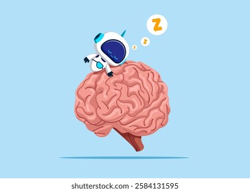 Robot sleeping on ineffective human brain. Confusion problem or doubt, lost in trouble or complexity, misunderstanding. Vector illustration