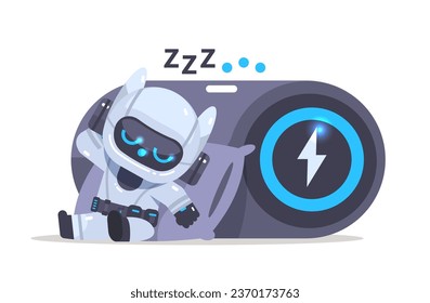 Robot sleeping on a pillow near the charging station. Cartoon bot vector character