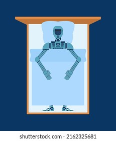 Robot duerme en la cama. Cargando ciborg. Concepto de futuro
