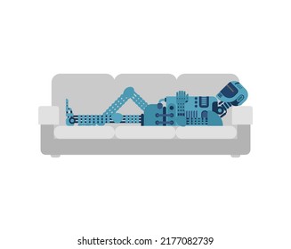 Robot sleeps in bed. Charging cyborg. Concept of future
