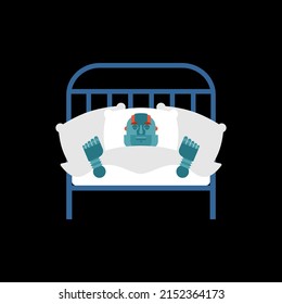 Roboter schläft im Bett. Laden und Umladen von Cyborg