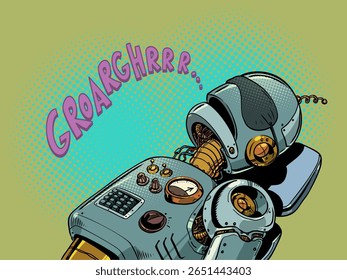 O robô dorme alto e ronca. O problema da substituição de funcionários pela IA. Desatenção da inteligência artificial. Pop Art Retro Vetor Ilustração Kitsch Vintage estilo 50s 60s