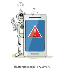 Robot and smartphone - attention / The friendly robot with a warning sign, vector illustration 
