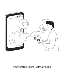 Ein Roboter in einem Smartphone steuert menschliche Gedanken. Konzept der künstlichen Intelligenz.