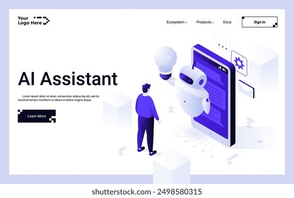 Robot from smartphone giving lightbulb to user. AI Assistant landing page isometric template. Artificial intelligence supporting app customer creative 3d vector illustration for web page