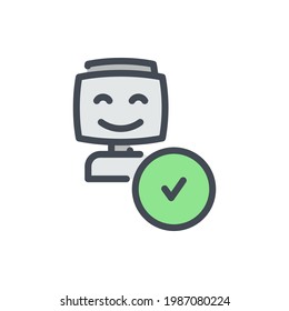 Robot with smile and checkmark in circle color line icon. Bot with acceptance vector outline colorful sign.