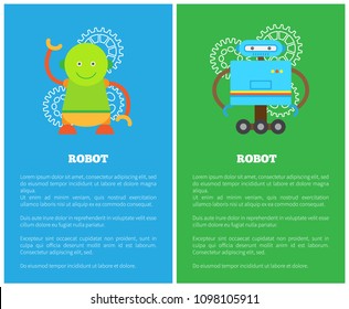 Robot with smile collection, bots or gears, friendly cyborgs and text sample under headlines, set of banners, colorful isolated vector illustration.