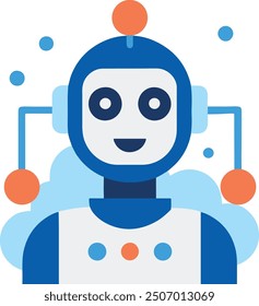 A robot with a smile on its face. The robot is blue and white. The robot has a happy expression