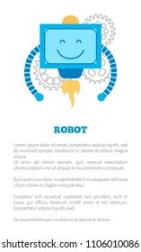 Robot with smile poster, big text sample, bot expresses good emotions and produces fire, squared creature, vector illustration on white background.