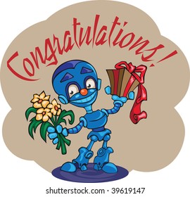 robot smiles. He holds in one hand and a bouquet of flowers, and another box with a red ribbon, which is a gift. Congratulations.