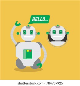 Robot Smiles Hello Vector. Robot Hello Icon. Happy Bot With Speech Bubble Hello